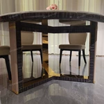 Mirror-Polished Steel Dining Table with White Marble Top and Woven Leather Accents